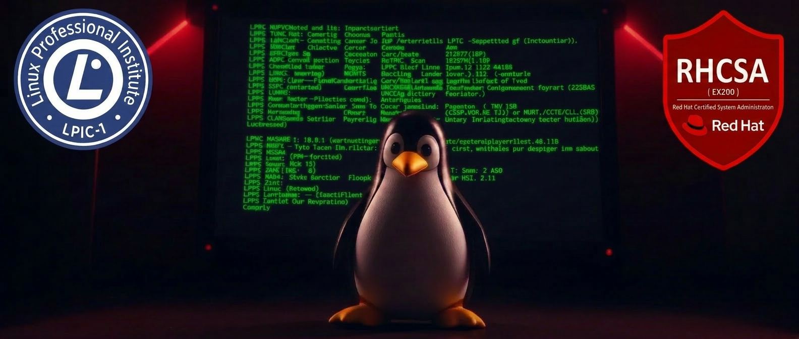Tux do Linux com terminal, LPIC e Red Hat